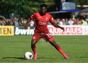 Kelvin Ofori joins the action at Merkur Spiel Arena as Fortuna Dusseldorf were held by TSG Hoffenheim