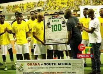 Dede Ayew scores and honored on his 100th appearance for Ghana